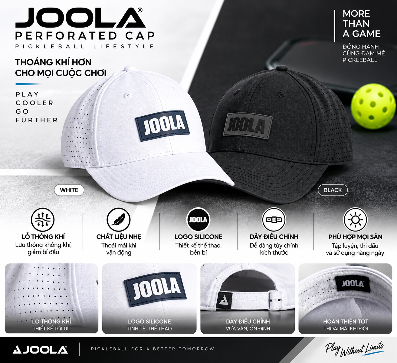 Mũ Pickleball JOOLA Perforated Cap màu trắng và đen, thiết kế lỗ thông khí hai bên, logo JOOLA silicone, vành cong che nắng và dây điều chỉnh kích thước.