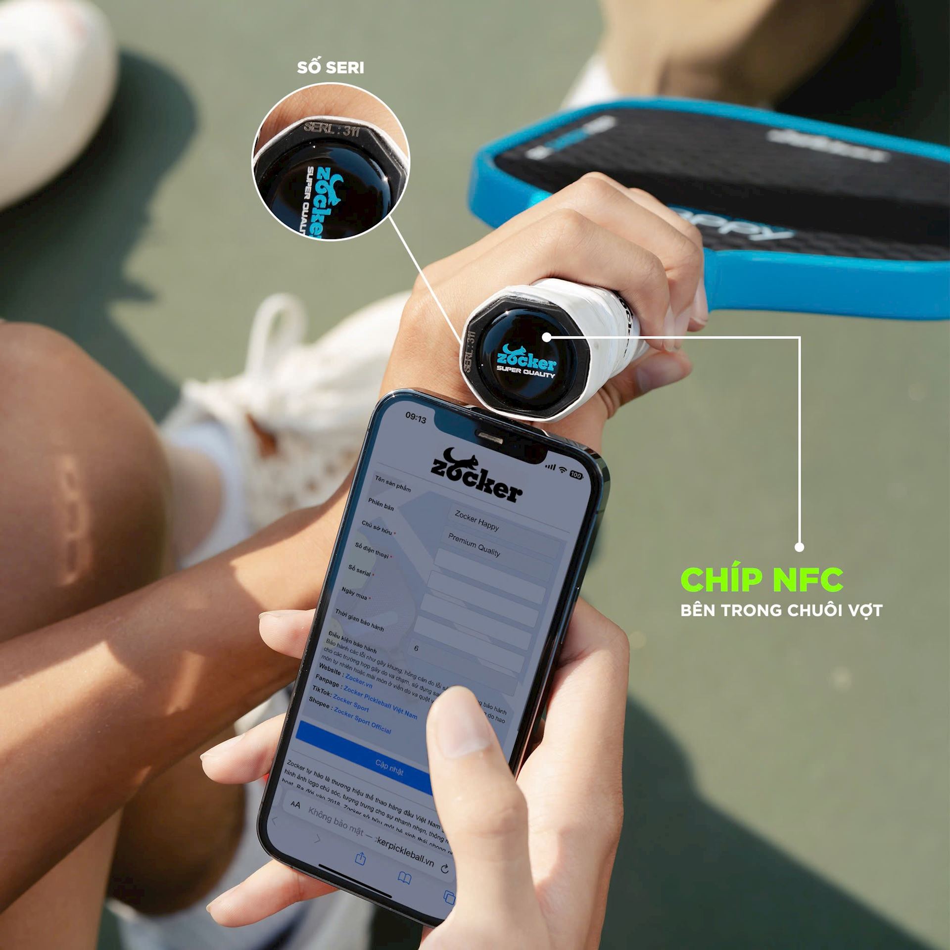 Công nghệ chip NFC và số seri xác thực vợt Pickleball Zocker Happy HP01 Standard Thunder