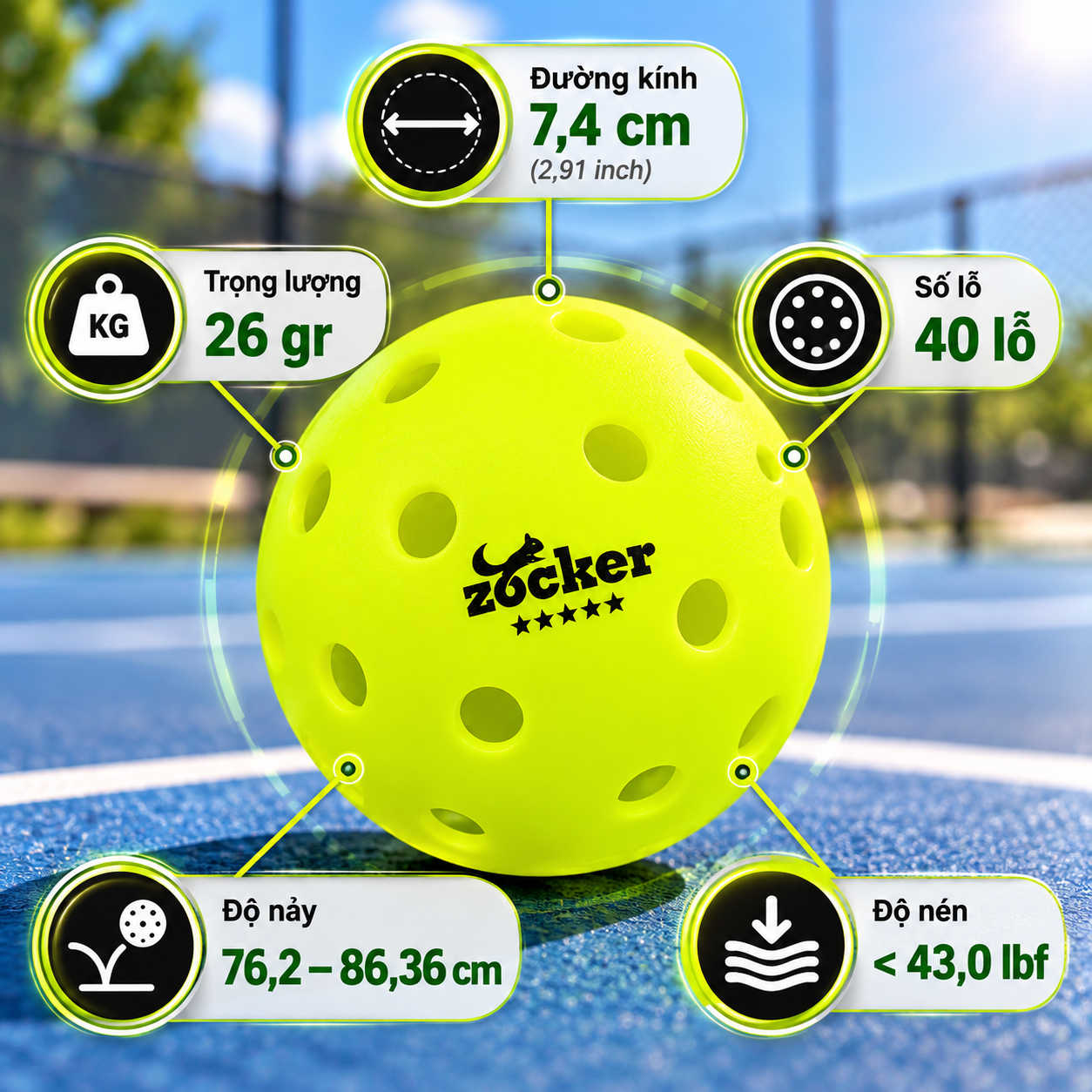 Thông số bóng Pickleball Zocker Five Star chính hãng 40 lỗ, trọng lượng 26g, đường kính 7,4cm, độ nảy 76,2-86,36cm và độ nén dưới 43,0 lbf.