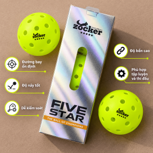 bóng Pickleball Zocker Five Star 40 lỗ với trọng lượng 26g, đường kính 7,4cm, độ nảy 76,2-86,36cm và độ nén dưới 43,0 lbf.