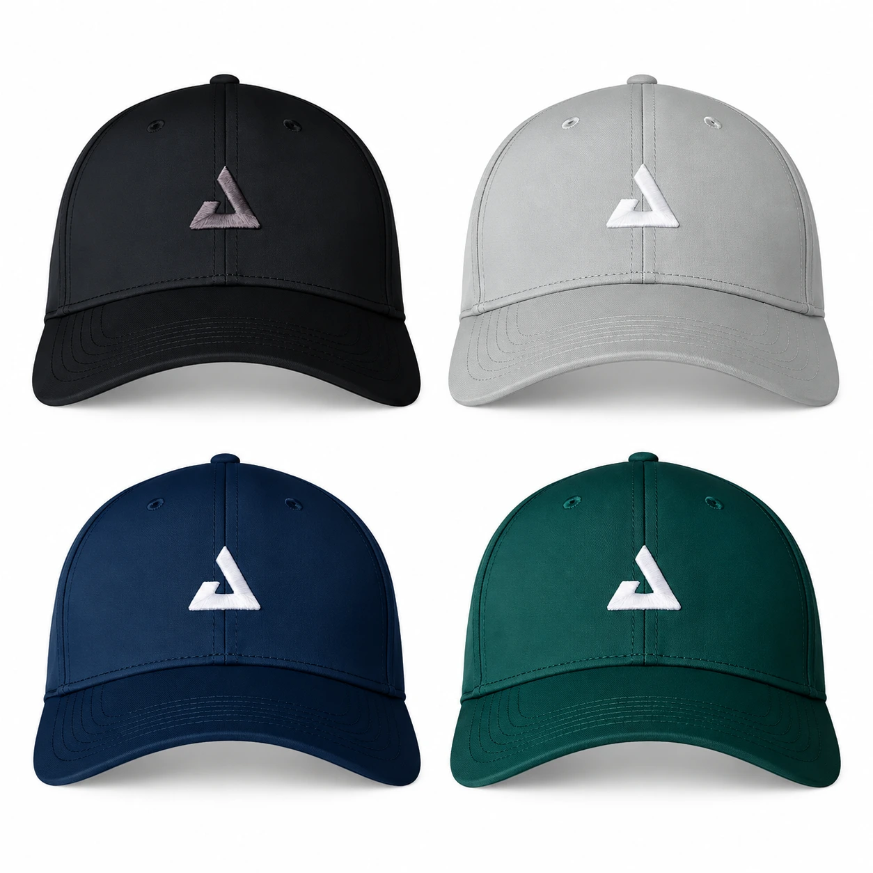 Mũ Pickleball JOOLA Essential Cap với 4 màu đen, xám Gravity Gray, xanh Navy và xanh Club Green, thiết kế có chóp, vành cong và logo JOOLA thêu phía trước.