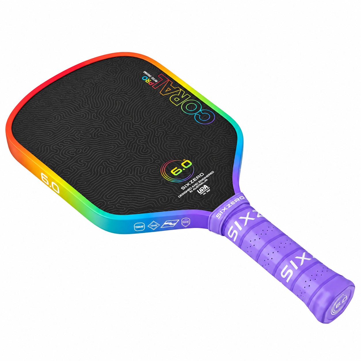 Vợt Pickleball Six Zero Coral Rainbow Pro Edition 16mm góc nghiêng