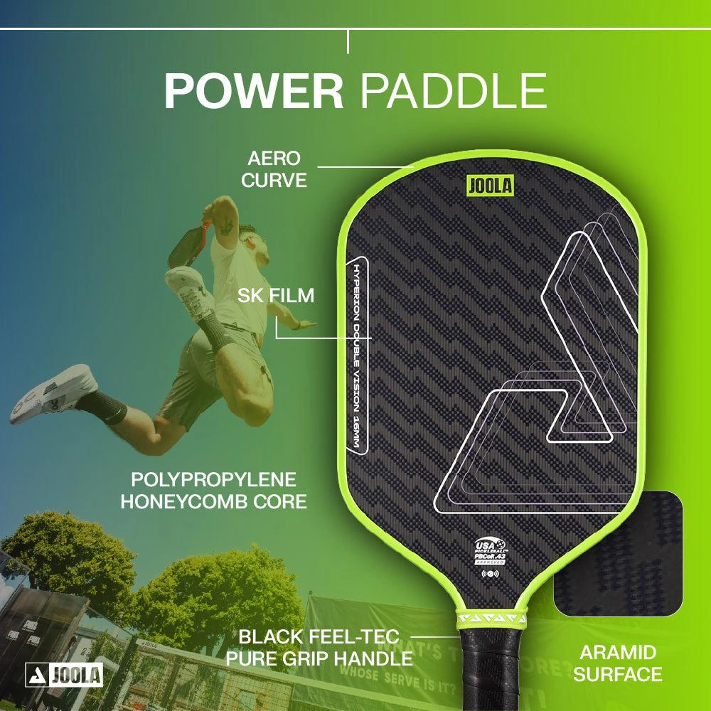 Thông số vợt Pickleball Joola Hyperion Double Vision Green 16mm: mặt Aramid, lõi tổ ong 16mm, trọng lượng 221g, dáng Hyperion và tay cầm dài 13,97cm.