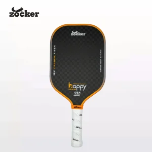 Vợt pickleball Zocker Happy HP3 Premium Quality màu cam, thiết kế thuôn dài, mặt carbon 12K và cán cầm Zocker.
