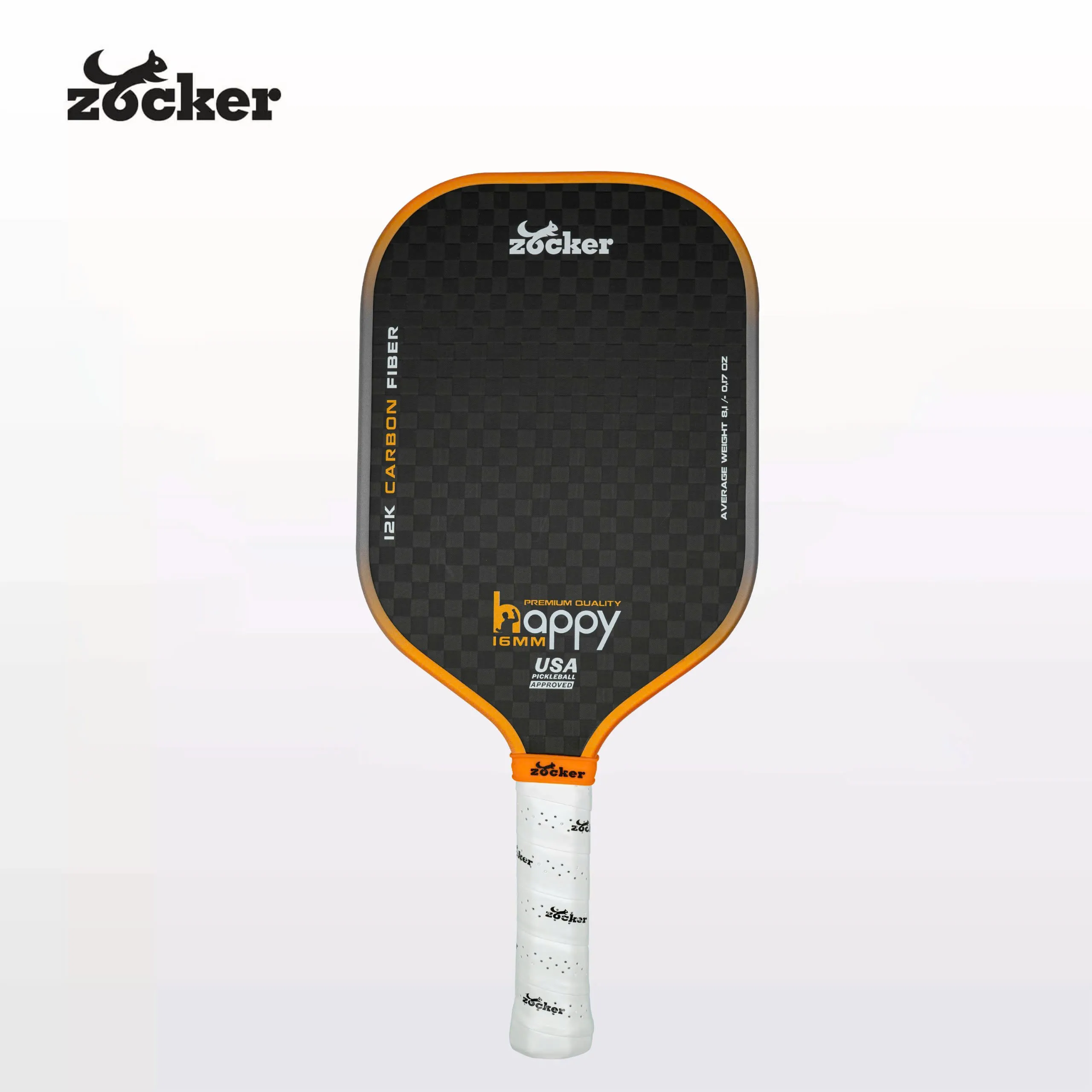 Vợt pickleball Zocker Happy HP3 Premium Quality màu cam, thiết kế thuôn dài, mặt carbon 12K và cán cầm Zocker.