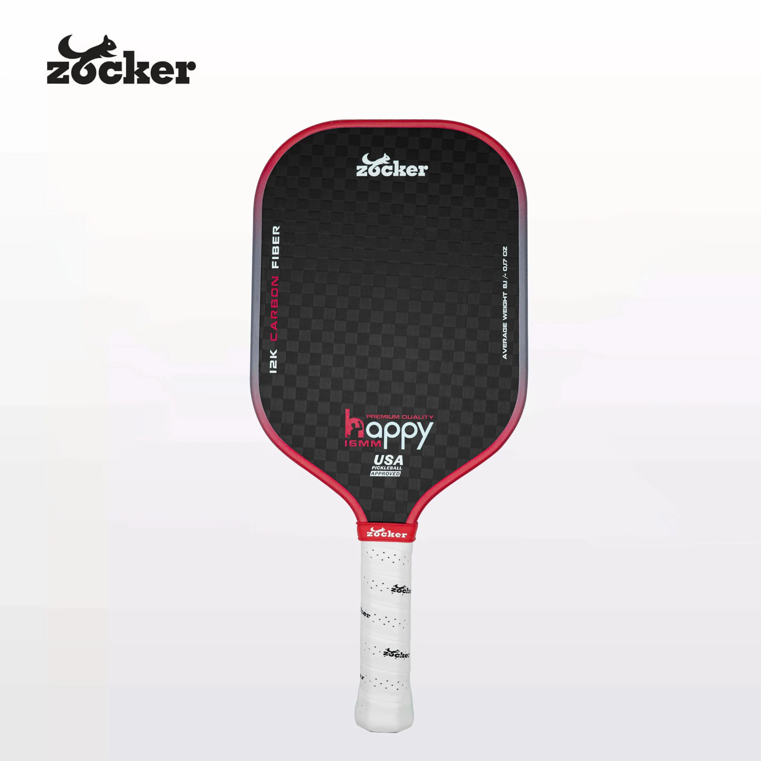 Vợt pickleball Zocker Happy HP3 Premium Quality màu đỏ, mặt vợt carbon 12K, dáng thuôn dài và logo Zocker.