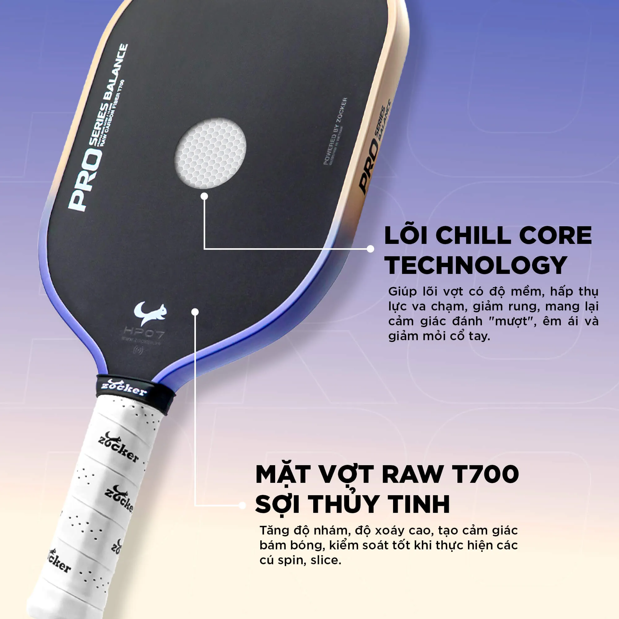 Vợt Pickleball Zocker HP07 Pro Series Balance 14.3mm công thủ cân bằng
