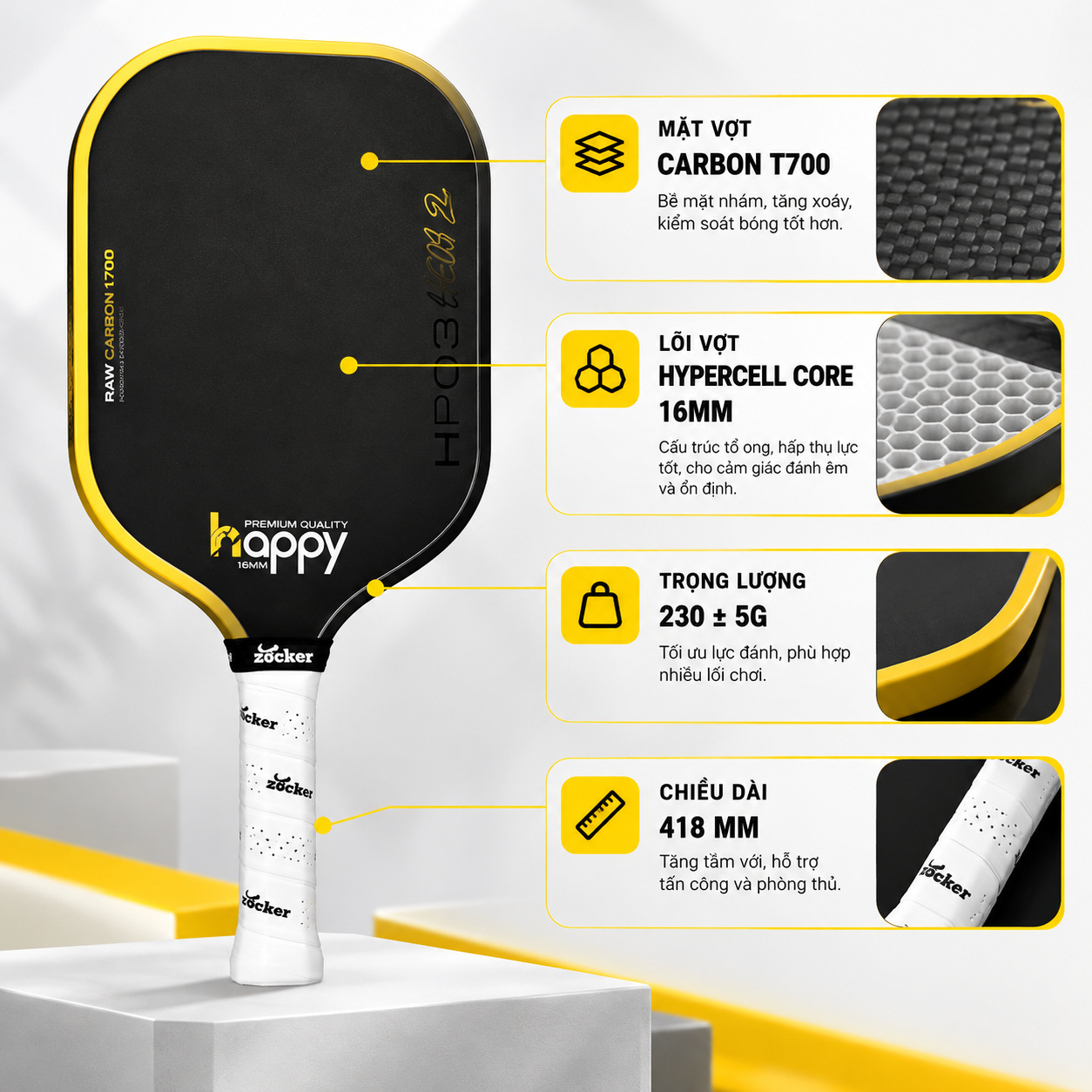 Thông số kỹ thuật vợt Pickleball Zocker Happy HP03 Gen 2 16mm màu vàng.