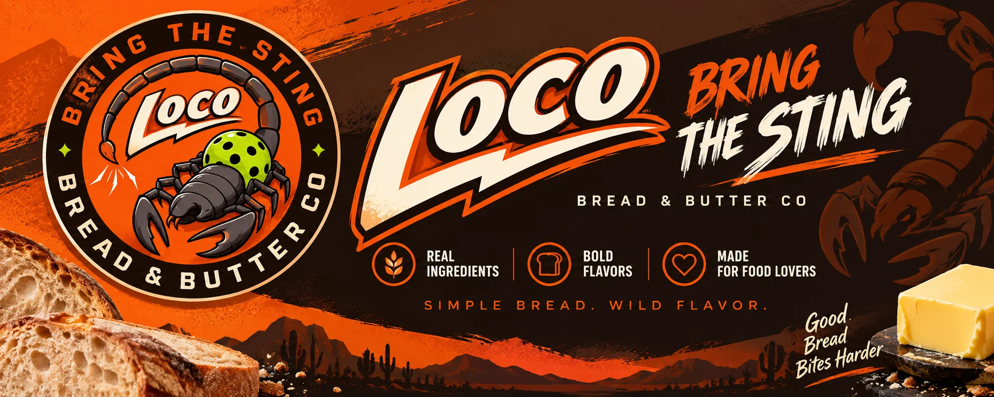 Banner Loco Bread & Butter Co với logo bọ cạp, slogan Bring The Sting và thiết kế cam đen cá tính, phù hợp làm hình ảnh nhận diện thương hiệu.