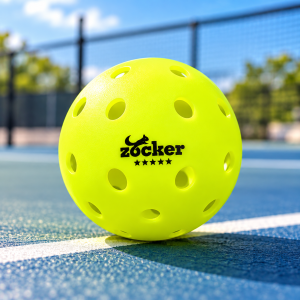 Hình ảnh infographic giới thiệu 5 thông số kỹ thuật của bóng Pickleball Zocker Five Star chính hãng. Quả bóng màu vàng neon nổi bật với logo Zocker và thiết kế 40 lỗ, đặt trên nền sân pickleball ngoài trời. Các thông số gồm đường kính 7,4cm (2,91 inch), trọng lượng 26g, độ nảy 76,2-86,36cm và độ nén dưới 43,0 lbf, giúp người chơi tham khảo đặc tính bóng trước khi lựa chọn tập luyện hoặc thi đấu.