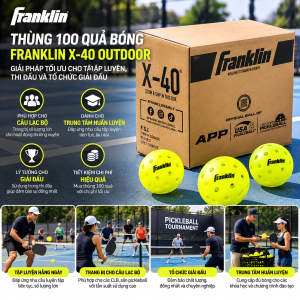 Thùng 100 quả bóng Pickleball Franklin X-40 Outdoor chính hãng, phù hợp cho câu lạc bộ, trung tâm huấn luyện, tập luyện và tổ chức giải đấu.