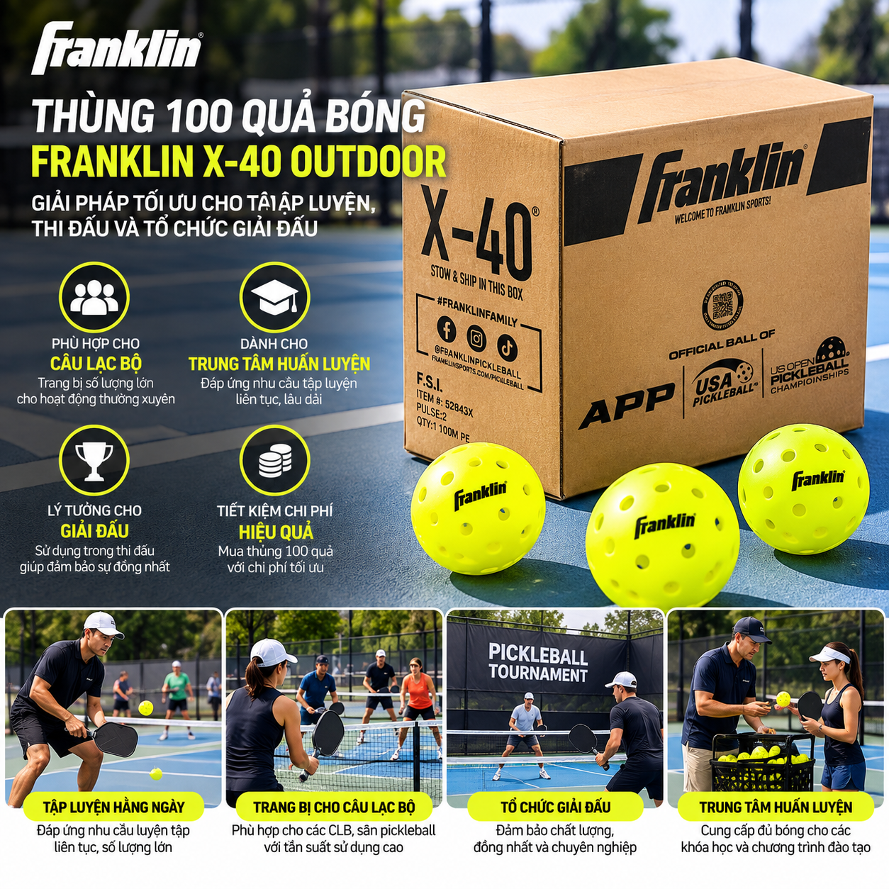 Thùng 100 quả bóng Pickleball Franklin X-40 Outdoor chính hãng, phù hợp cho câu lạc bộ, trung tâm huấn luyện, tập luyện và tổ chức giải đấu.