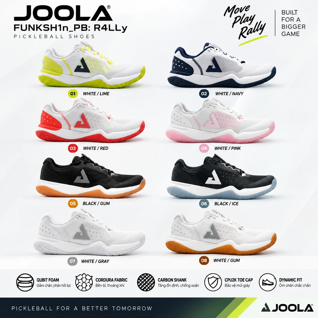 Tổng hợp 8 phối màu giày Pickleball JOOLA FUNKSH1n_PB: R4LLy nam và nữ, thiết kế thể thao với đế Qubit Foam, thân vải Cordura và thanh carbon chống xoắn.