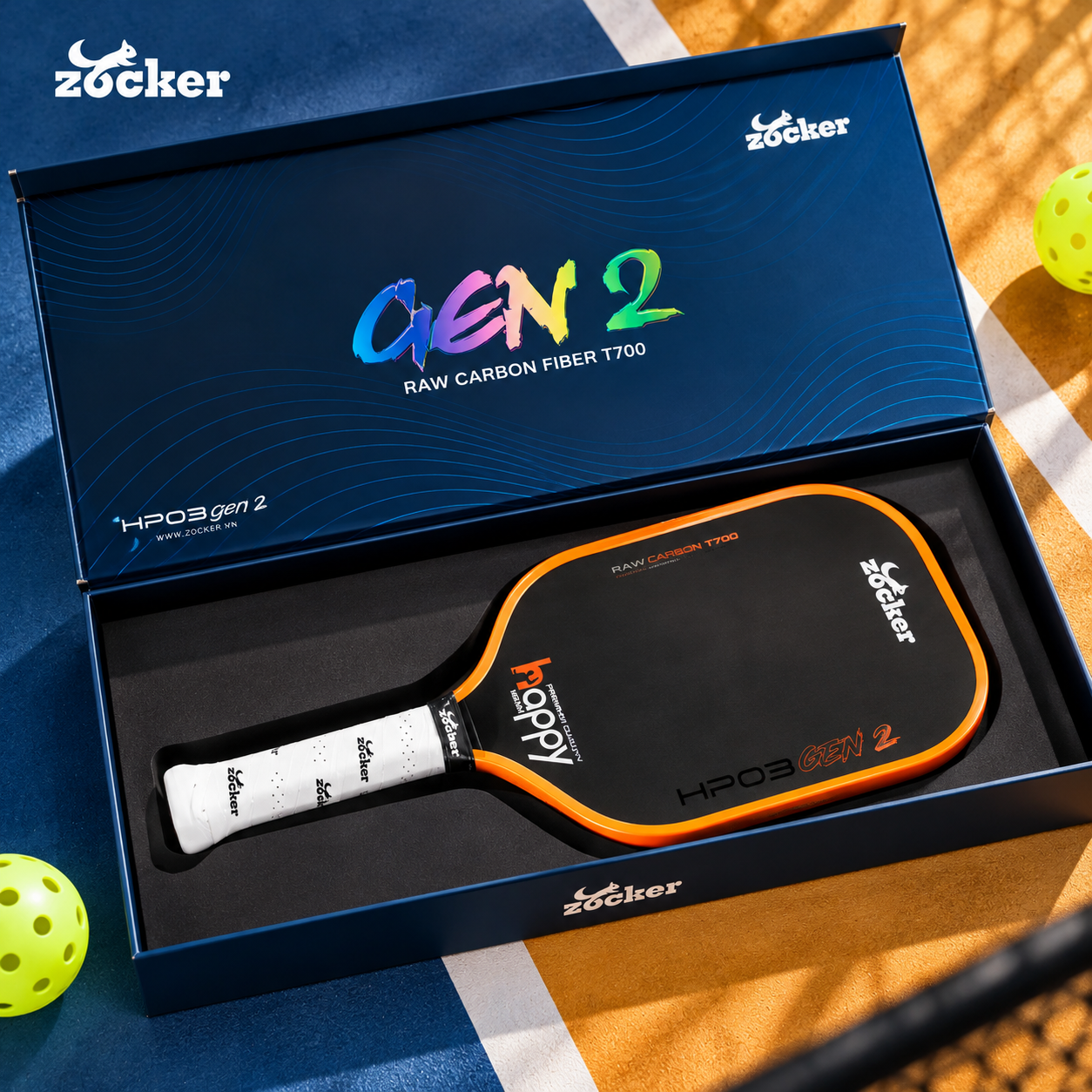: Zocker Happy HP03 Gen 2 16mm màu cam với mặt Carbon T700, thiết kế thuôn dài và hộp đựng Gen 2.