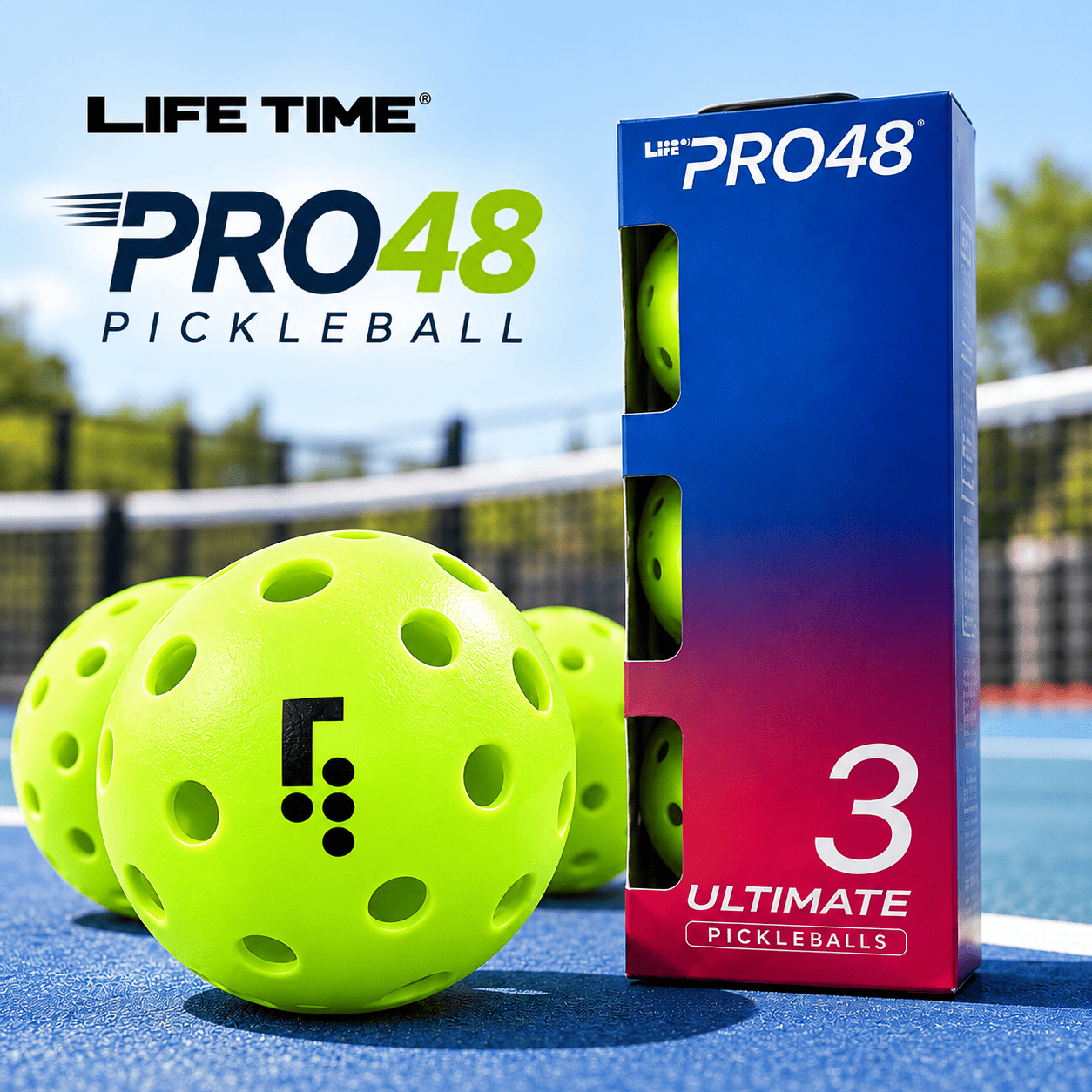 Bóng Pickleball Life Time LT Pro 48 chính hãng màu xanh neon, thiết kế 48 lỗ, hộp 3 quả trên sân pickleball.