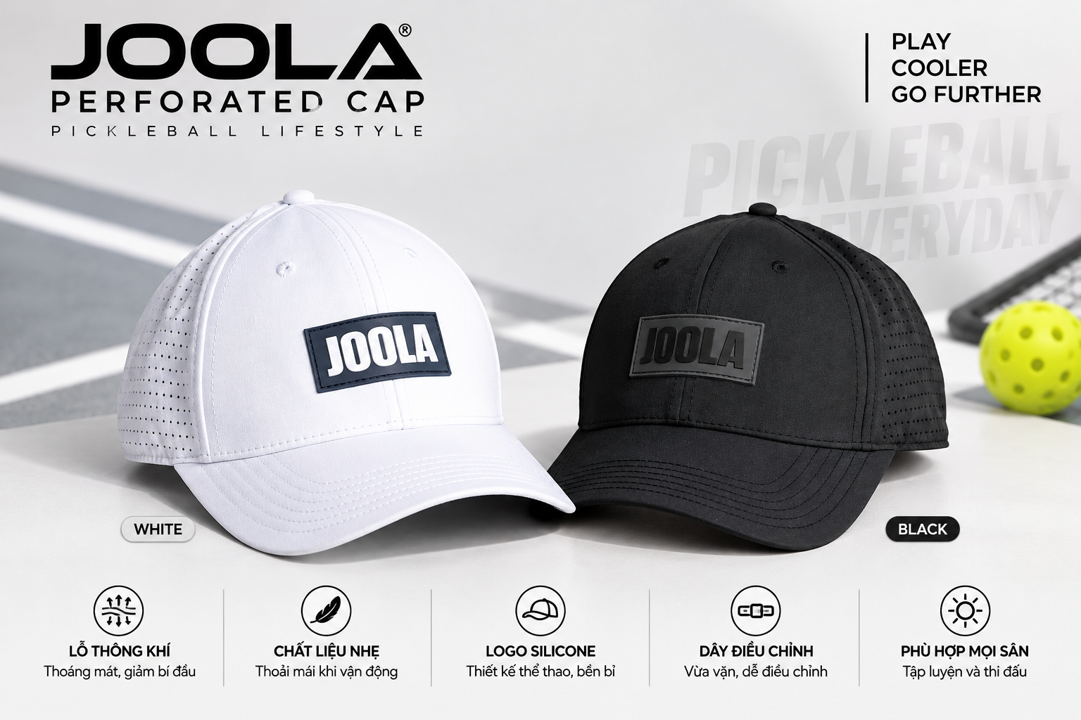 Mũ Pickleball JOOLA Perforated Cap màu trắng và đen, thiết kế có chóp, lỗ thông khí hai bên, logo JOOLA silicone, vành cong che nắng và dây điều chỉnh.