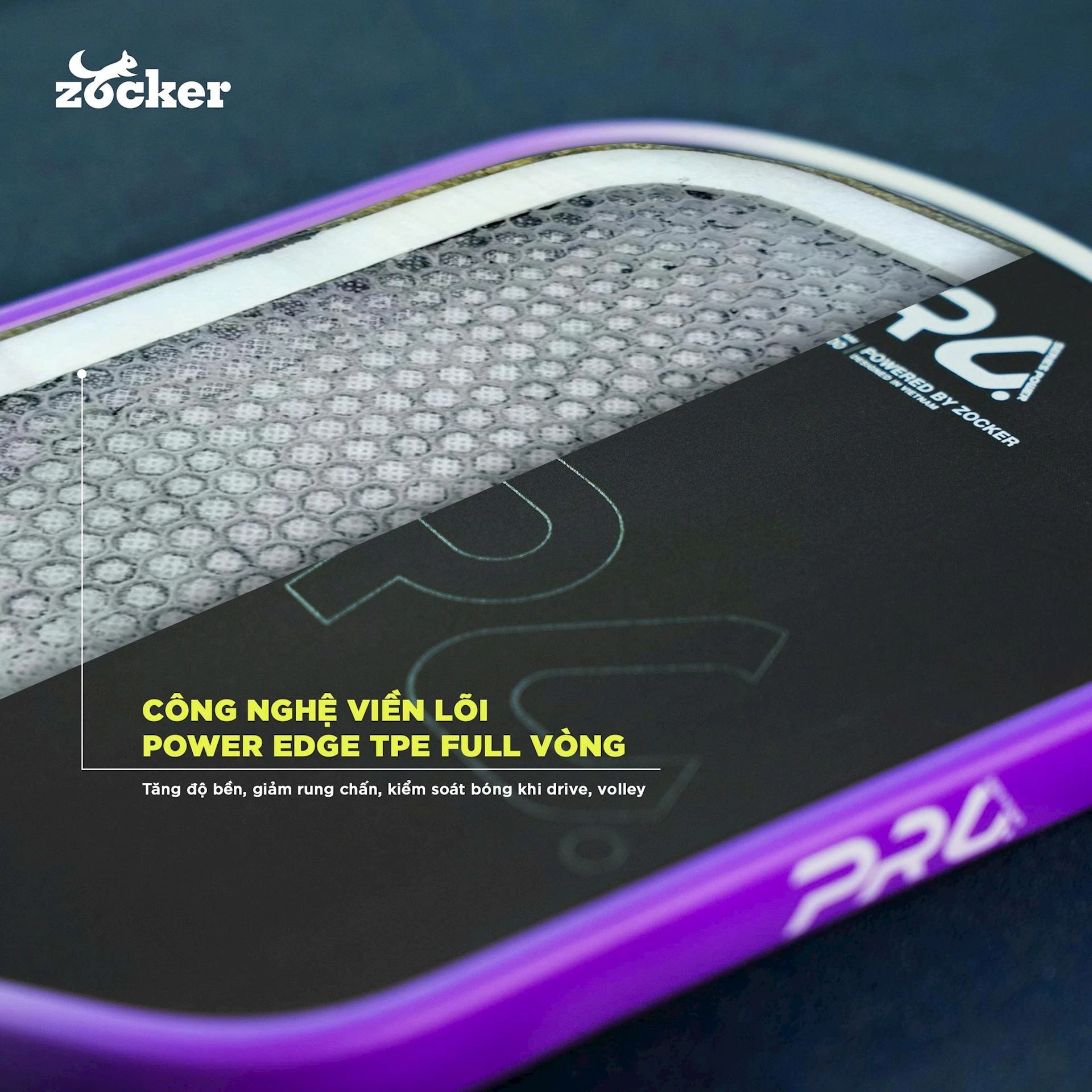 Hình ảnh minh họa công nghệ lõi Propulsion Honeycomb Core và cấu trúc tổ ong của vợt pickleball Zocker HP06.