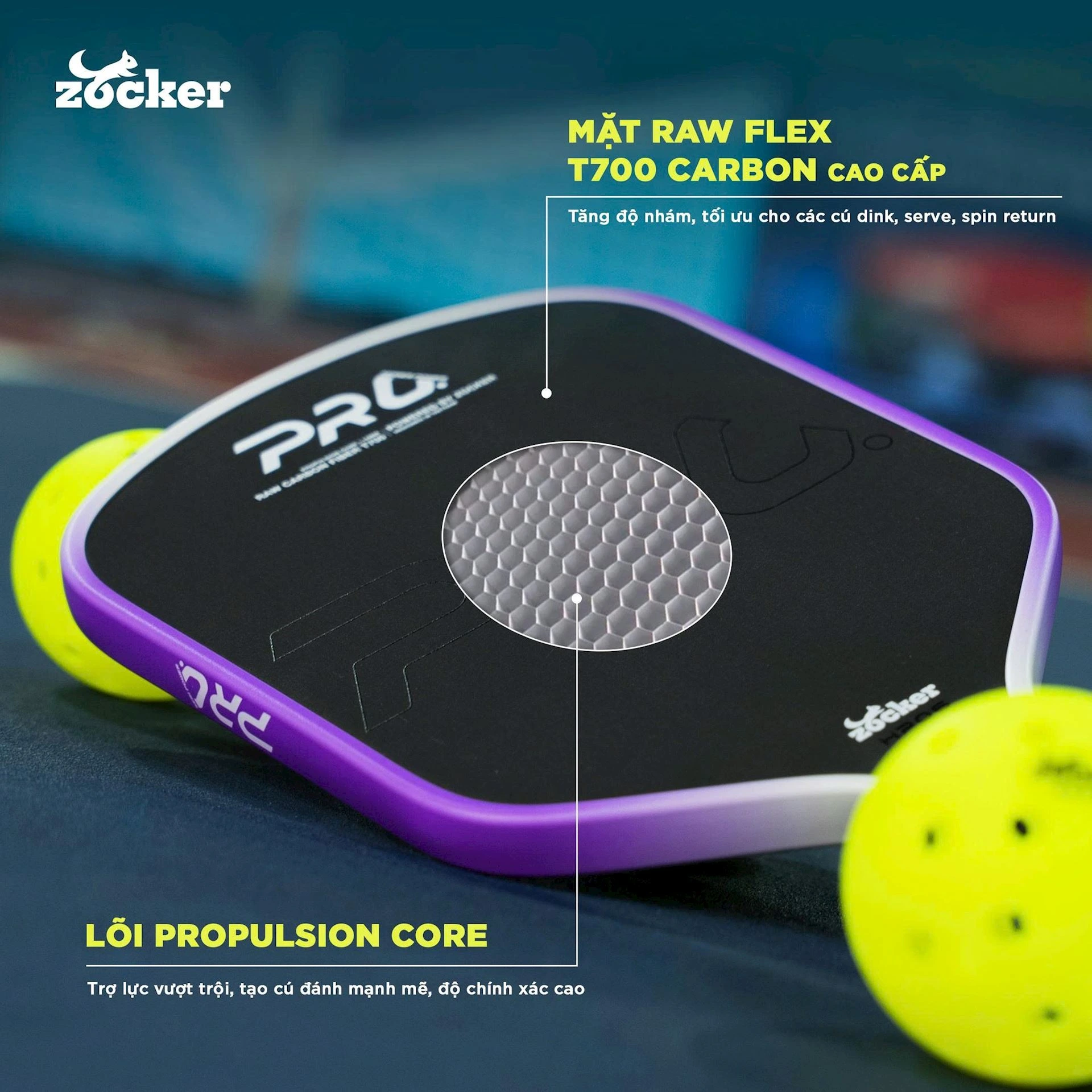 Ảnh cận cảnh mặt vợt pickleball Zocker HP06 Pro Series Power với bề mặt carbon Raw Flex T700 và họa tiết Zocker.