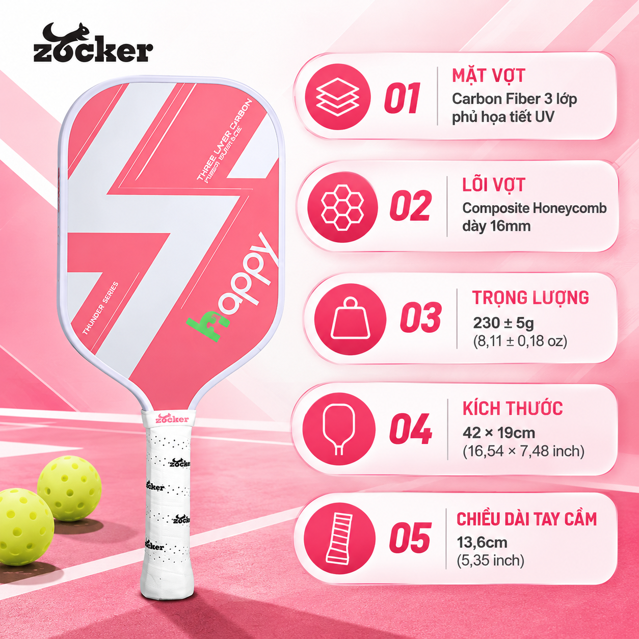 Thông số kỹ thuật vợt Pickleball Zocker Happy HP01 Standard Thunder 16mm màu hồng