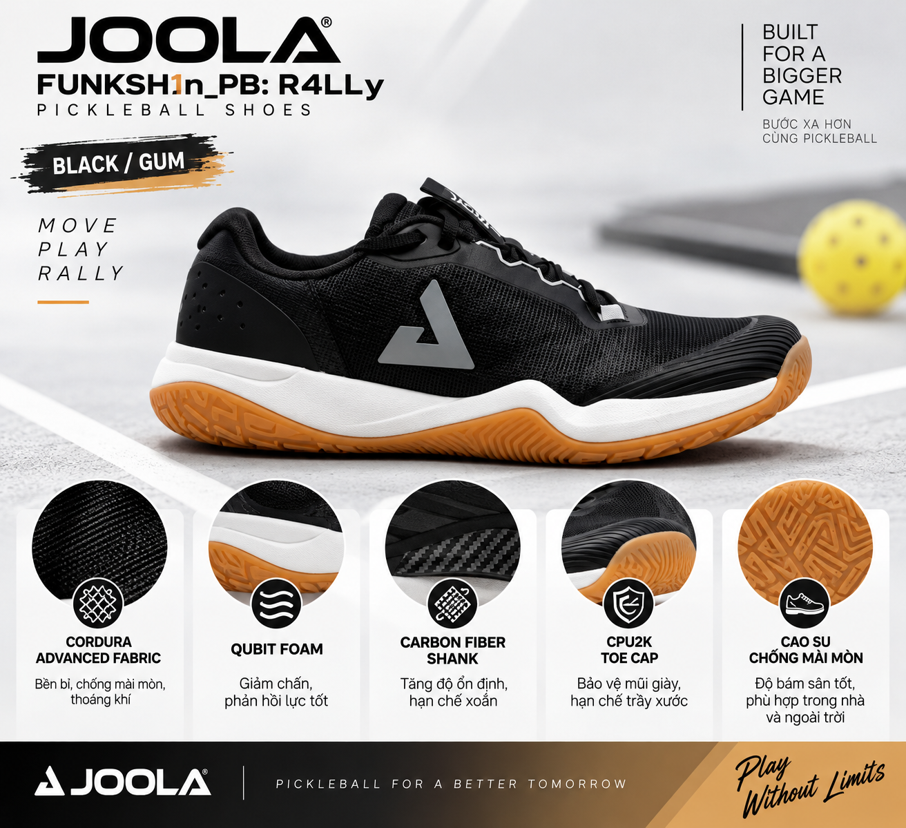 giày Pickleball JOOLA nam FUNKSH1n_PB: R4LLy Black/Gum với 5 công nghệ Cordura, Qubit Foam, Carbon Fiber Shank, CPU2K và đế cao su chống mài mòn.