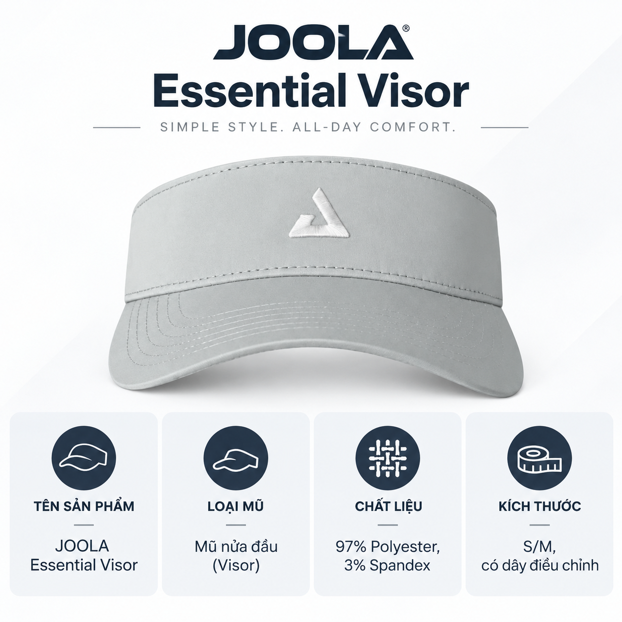 Mũ Pickleball JOOLA Essential Visor màu xám, chất liệu 97% Polyester, 3% Spandex, kích thước S/M có dây điều chỉnh.