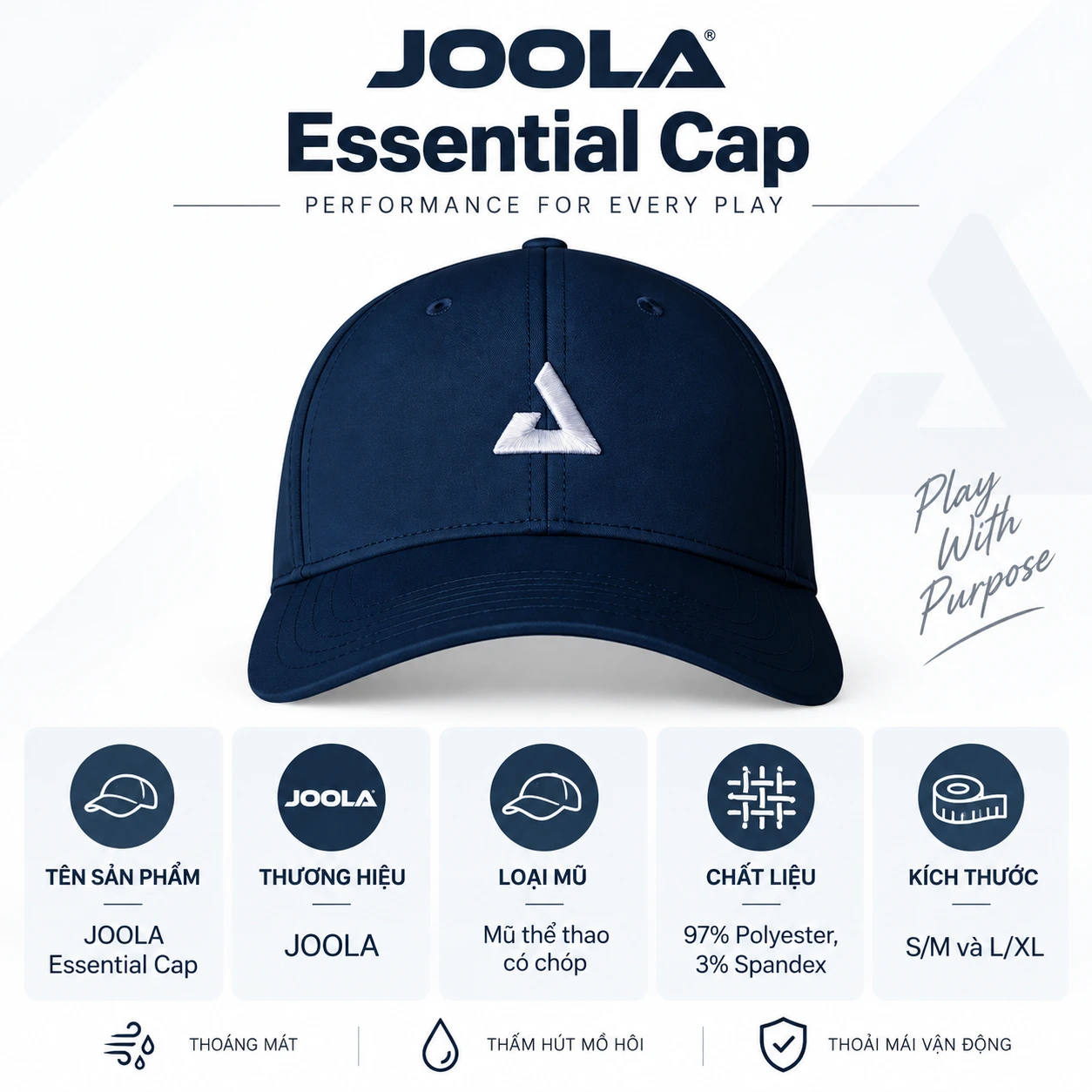 Mũ Pickleball JOOLA Essential Cap màu xanh Navy, chất liệu 97% Polyester, 3% Spandex, kích thước S/M và L/XL, thiết kế có chóp và vành cong.