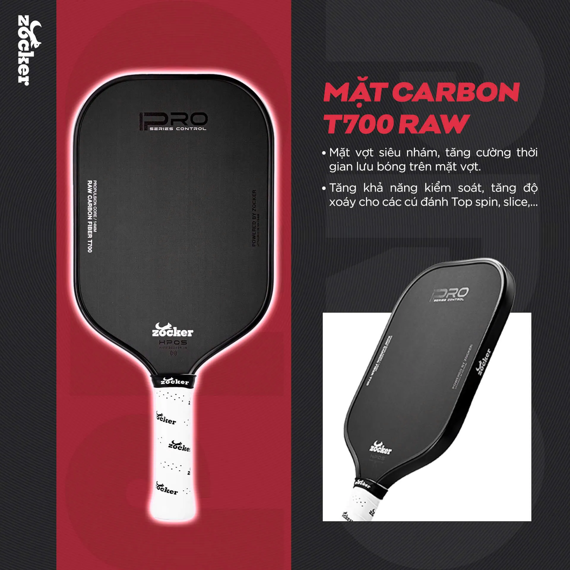 Ảnh cận cảnh bề mặt Raw Carbon Fiber T700 trên vợt pickleball Zocker HP05 16mm.