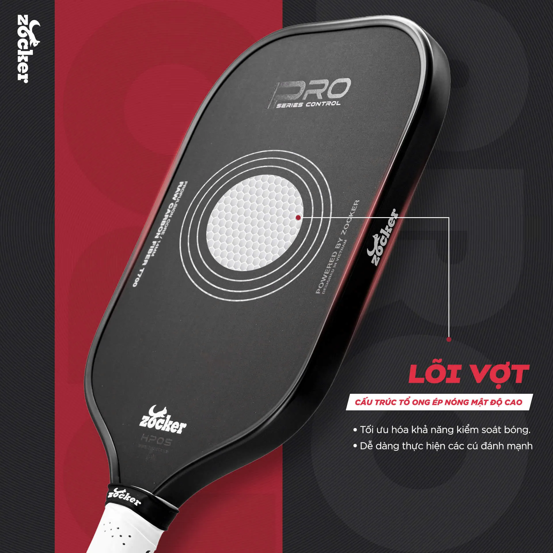 Hình ảnh cấu tạo lõi tổ ong Polypropylene ép nóng dày 16 mm của vợt pickleball Zocker HP05.