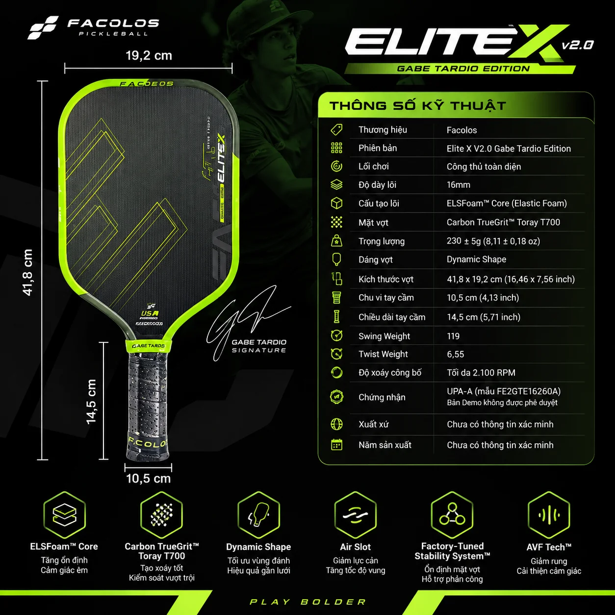Bảng thông số kỹ thuật Vợt Pickleball Facolos Elite X V2.0 Gabe Tardio Edition 16mm Neon Green, lõi ELSFoam, mặt Carbon Toray T700