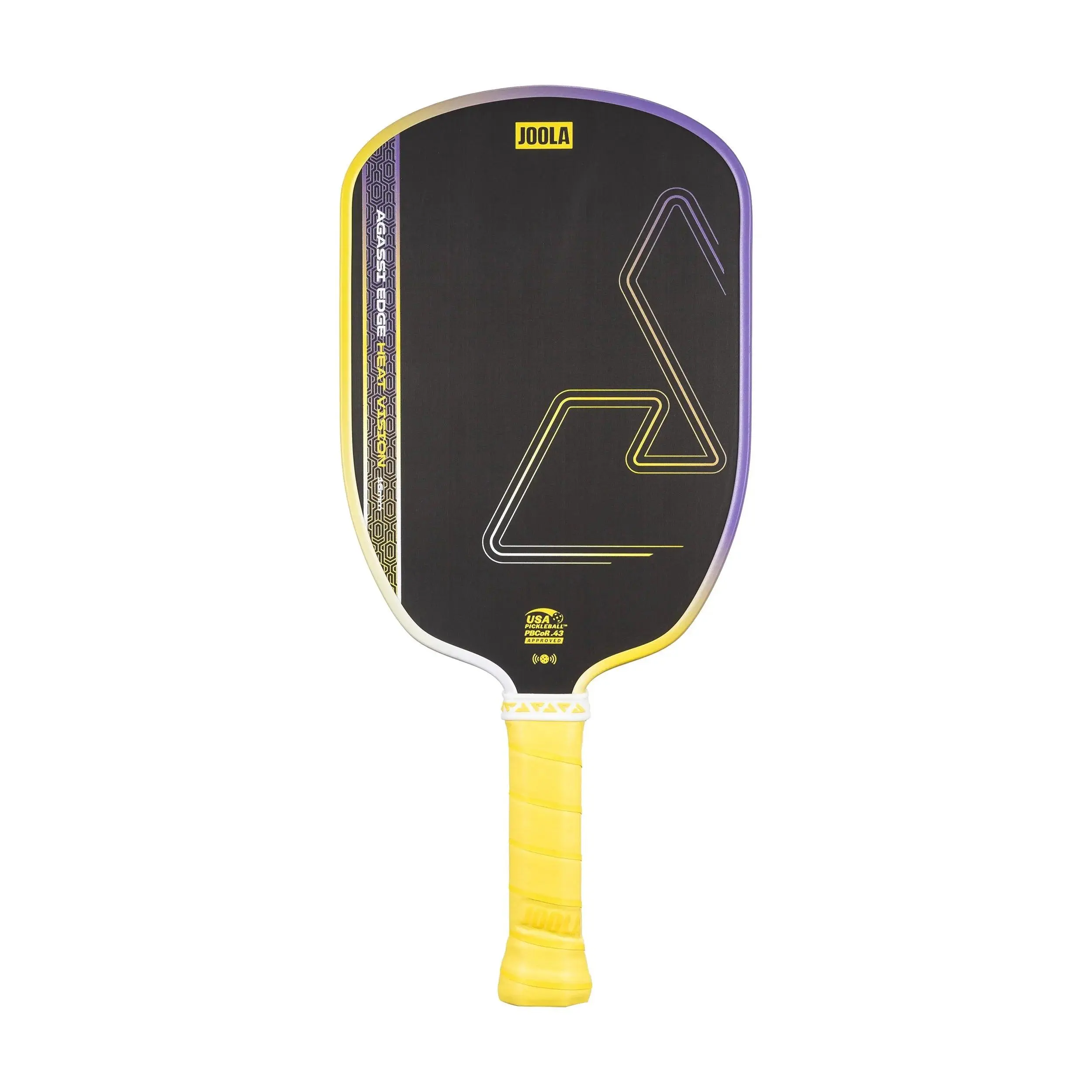 Vợt Pickleball Joola Agassi Edge Heat Vision Yellow 16mm có mặt carbon nhám, lõi tổ ong 16mm và thiết kế Agassi, hỗ trợ kiểm soát bóng, tạo xoáy và phản công.