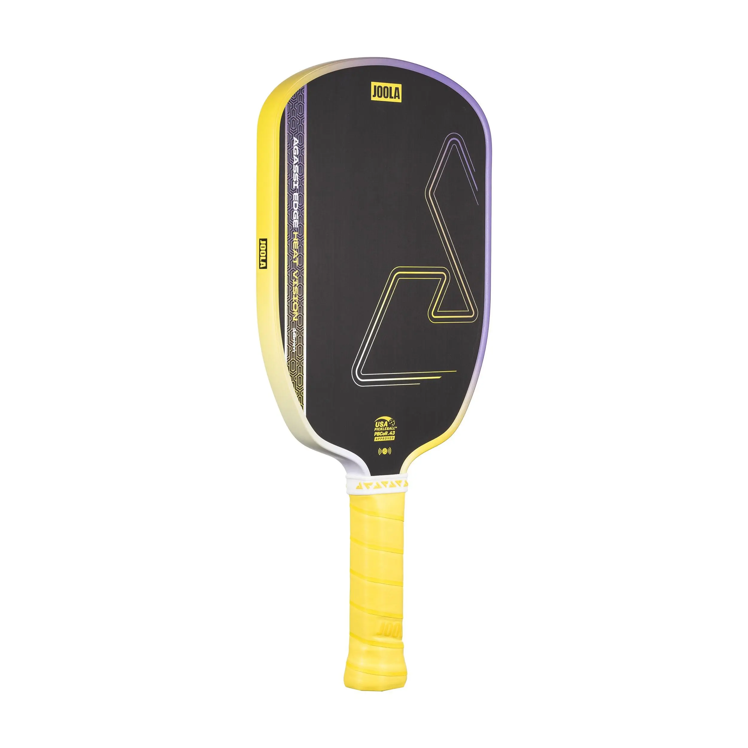 Góc nghiêng vợt Joola Agassi Edge Heat Vision Yellow 16mm thể hiện thiết kế Agassi, bề mặt carbon nhám và viền vợt phối màu vàng tím.