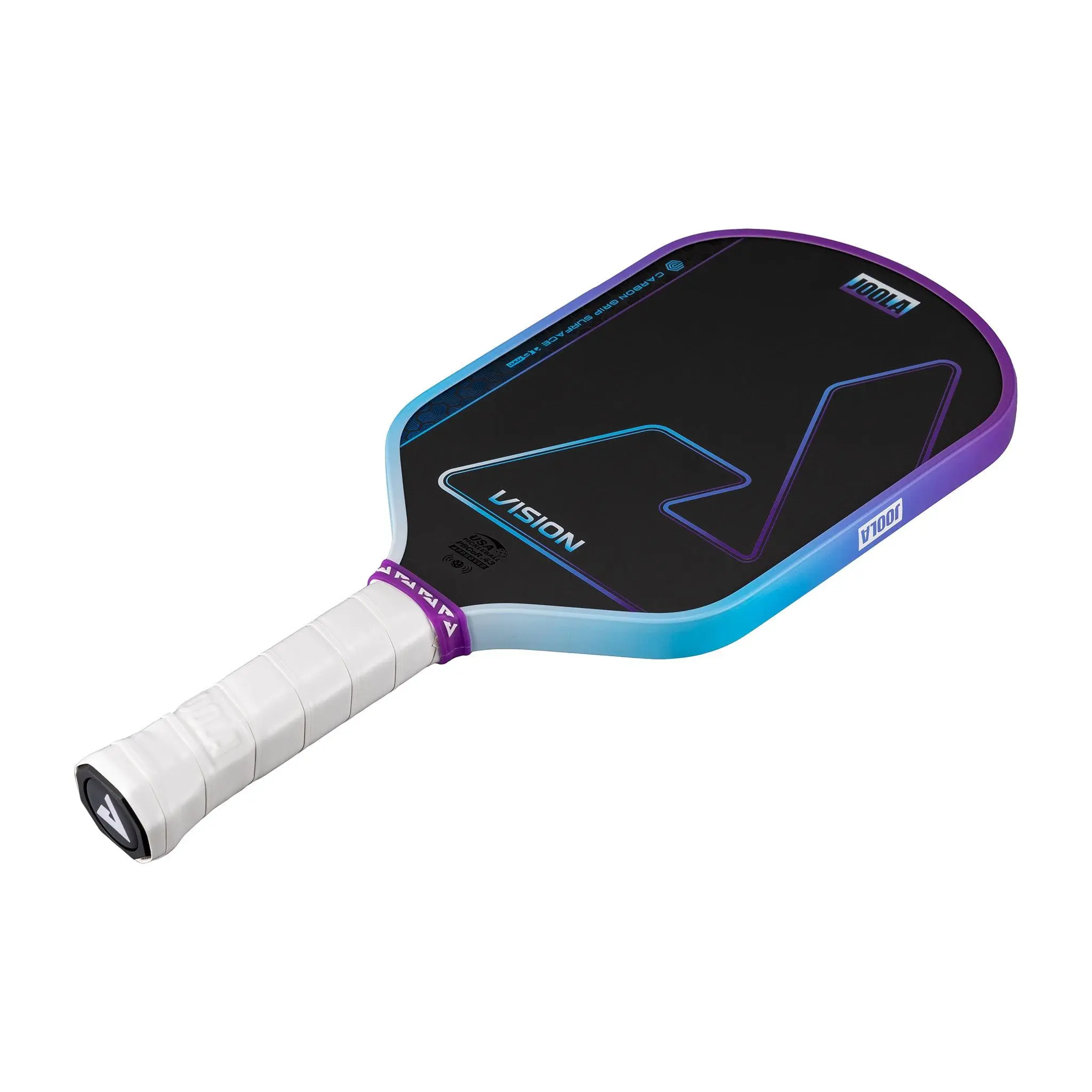 Chi tiết cán vợt Joola Hyperion Vision 16mm Storm Blue với tay cầm dài 13,97cm, chu vi 10,80cm và lớp quấn cán màu trắng.