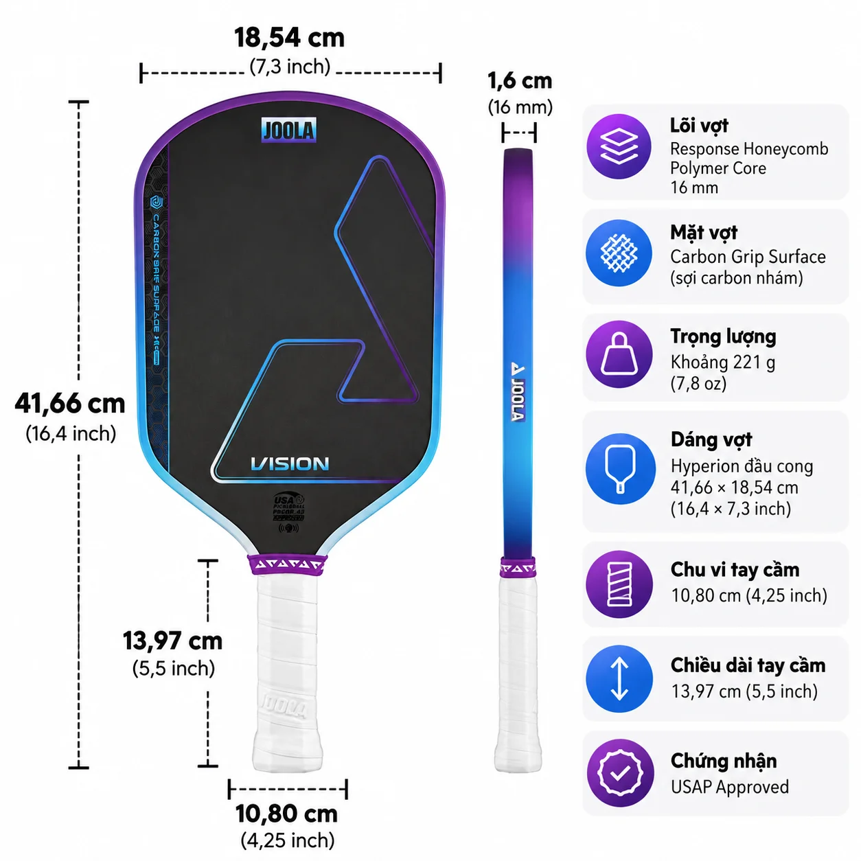 Thông số kỹ thuật vợt Pickleball Joola Hyperion Vision 16mm Storm Blue với lõi polymer 16mm, mặt carbon nhám, trọng lượng 221g và thiết kế đầu cong.