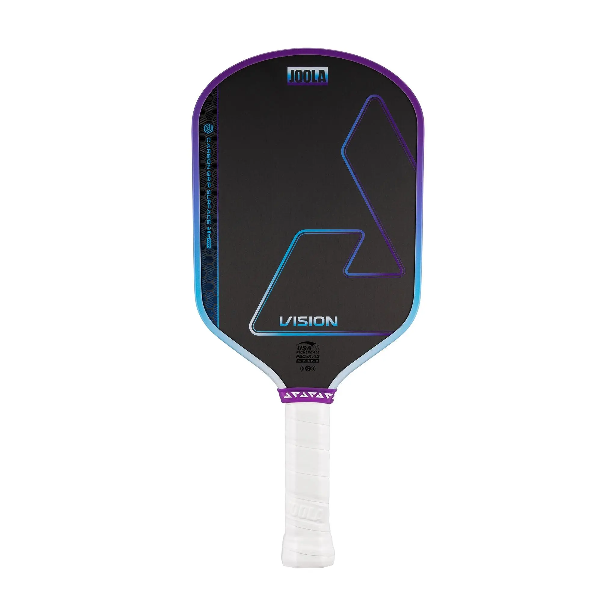 Vợt Pickleball Joola Hyperion Vision 16mm Storm Blue với thiết kế đầu cong Aero Curve, mặt carbon nhám và phối màu xanh tím đặc trưng.