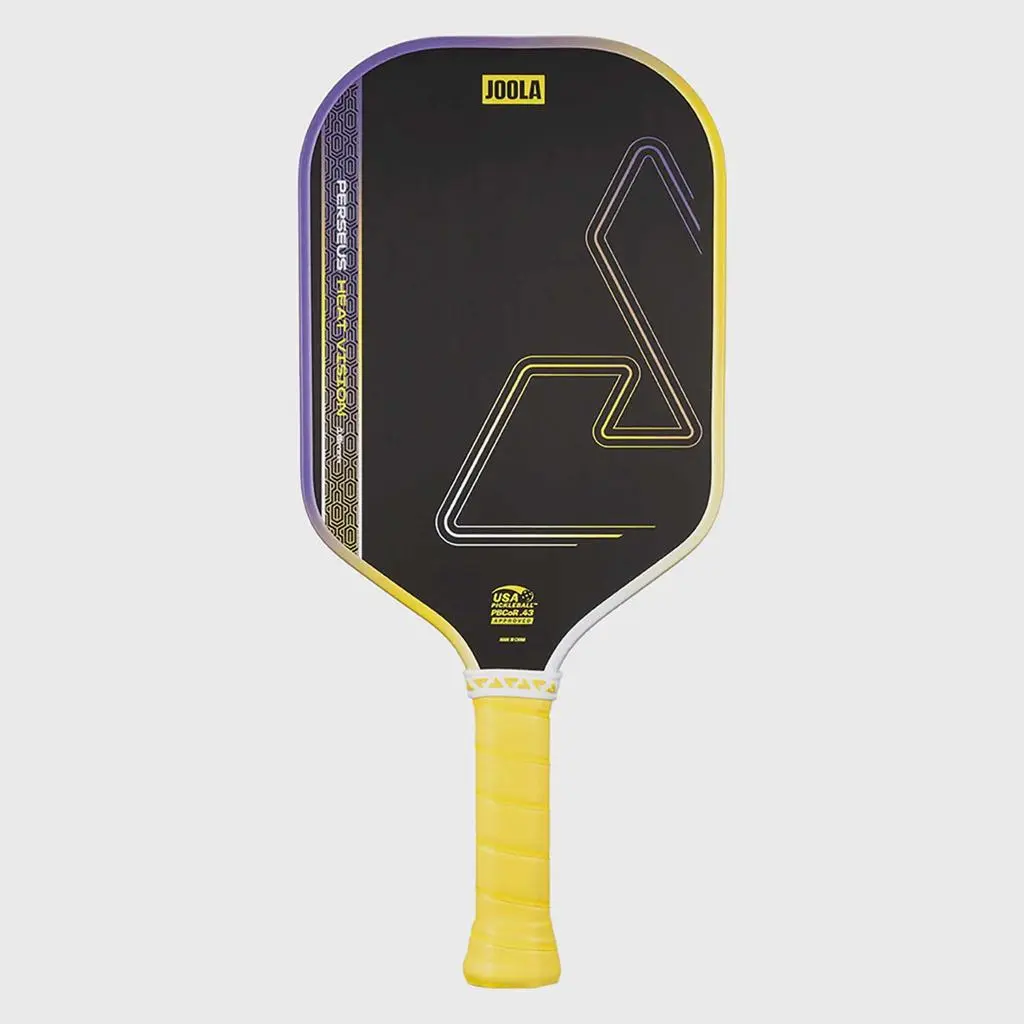Vợt Pickleball Joola Perseus Heat Vision Yellow 16mm có mặt carbon nhám, lõi 16mm và thiết kế Perseus thuôn dài, hỗ trợ tấn công, tạo xoáy và kiểm soát bóng.