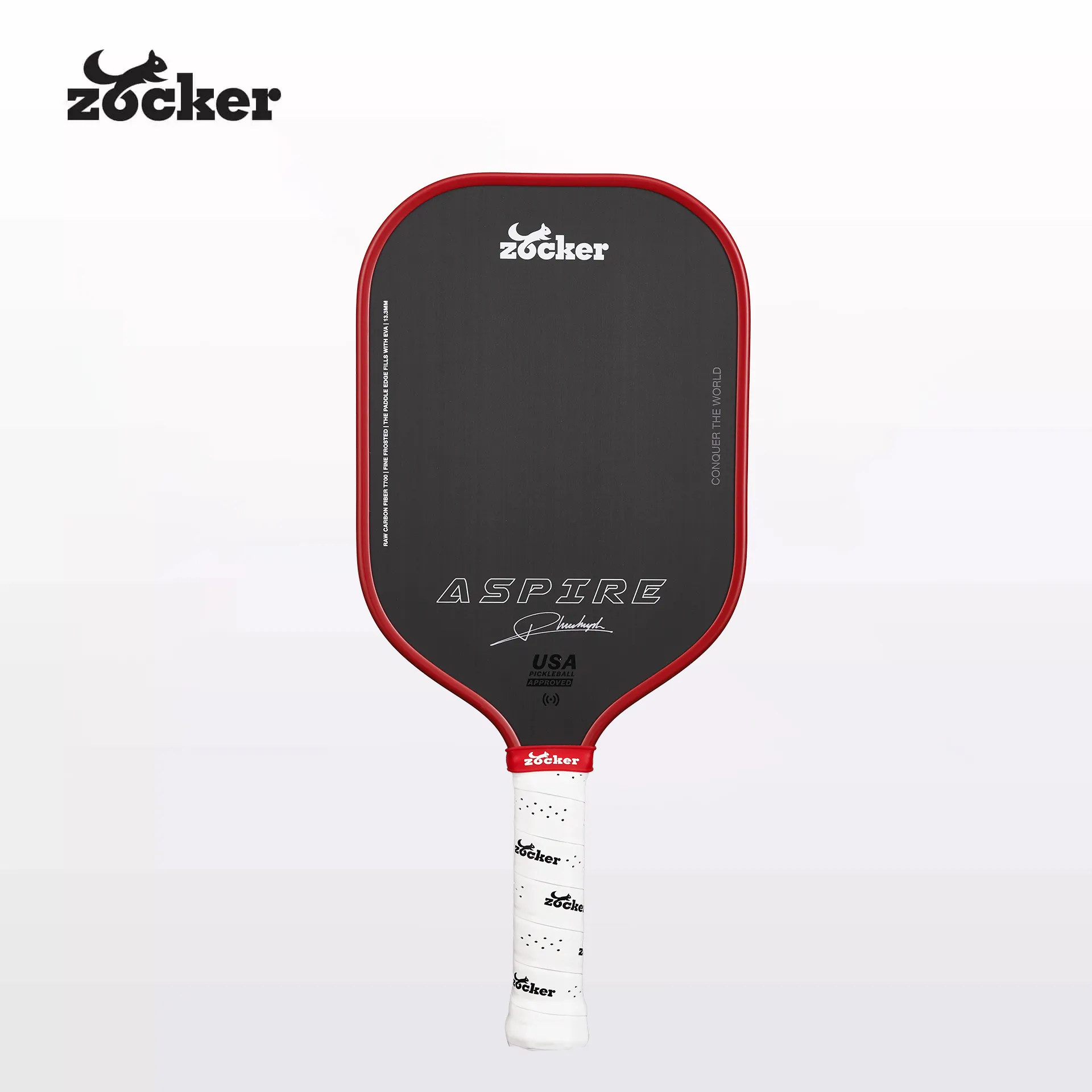 Vợt pickleball Zocker Aspire 13,3mm màu đỏ, thân vợt thuôn dài và họa tiết thương hiệu Zocker.