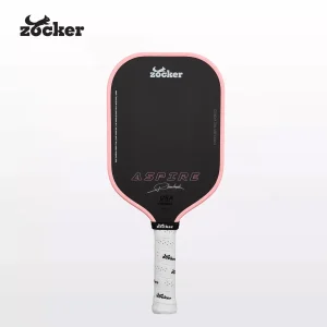 Vợt pickleball Zocker Aspire 13,3mm màu hồng, mặt vợt thuôn dài với họa tiết Zocker.