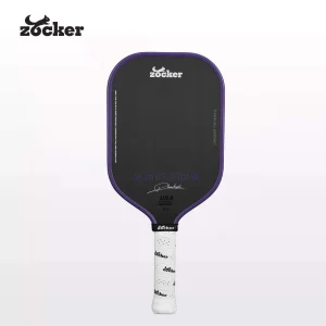 Vợt pickleball Zocker Aspire 13,3mm màu tím, dáng thuôn dài và họa tiết Zocker.