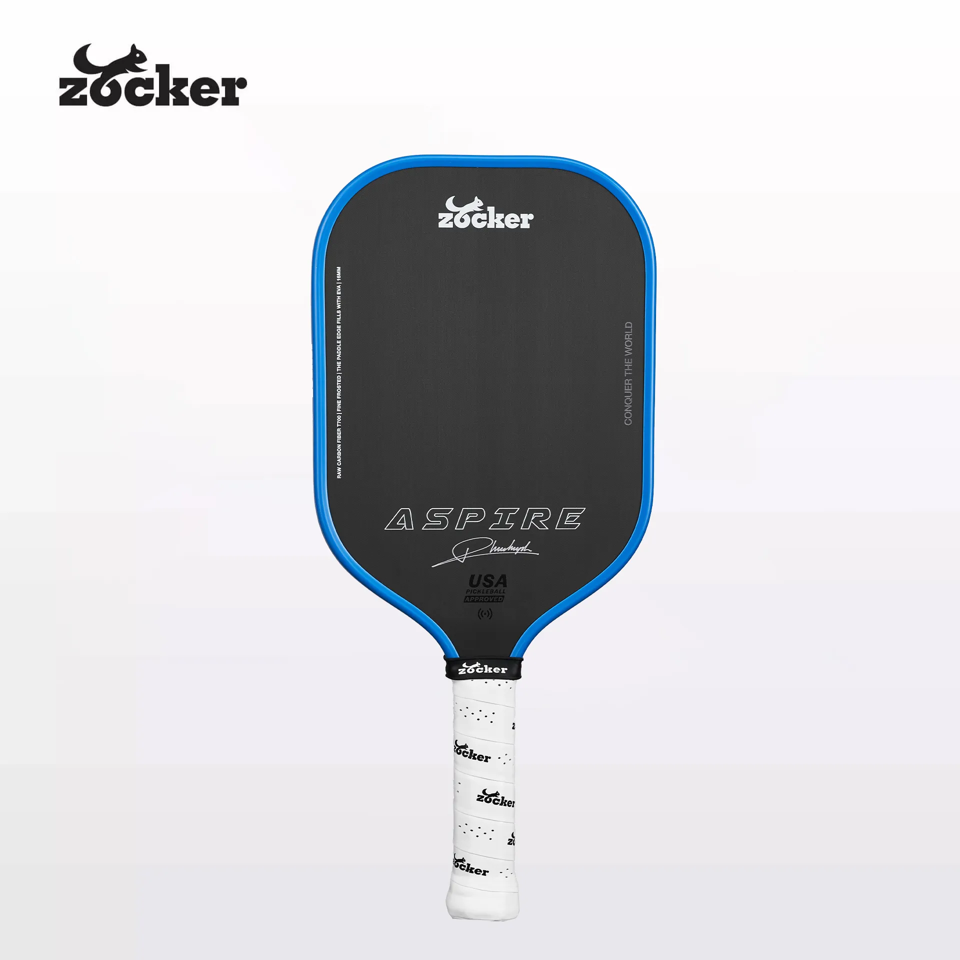 Vợt pickleball Zocker Aspire 13,3mm màu xanh dương, thiết kế thuôn dài với họa tiết thương hiệu Zocker.