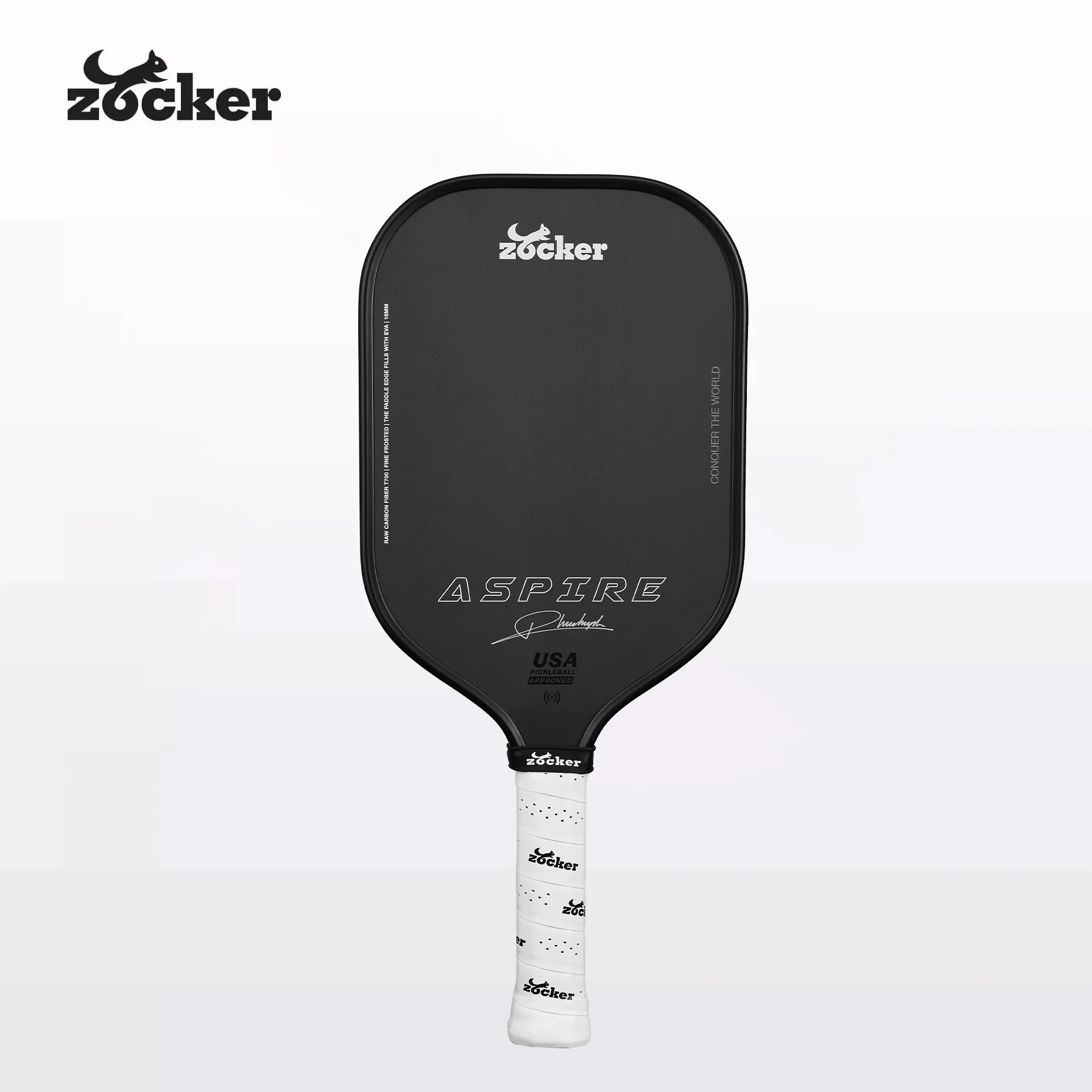 Vợt Pickleball Zocker Aspire x Phúc Huỳnh 16mm màu đen Black Edition, mặt carbon T700, viền đen và cán trắng.