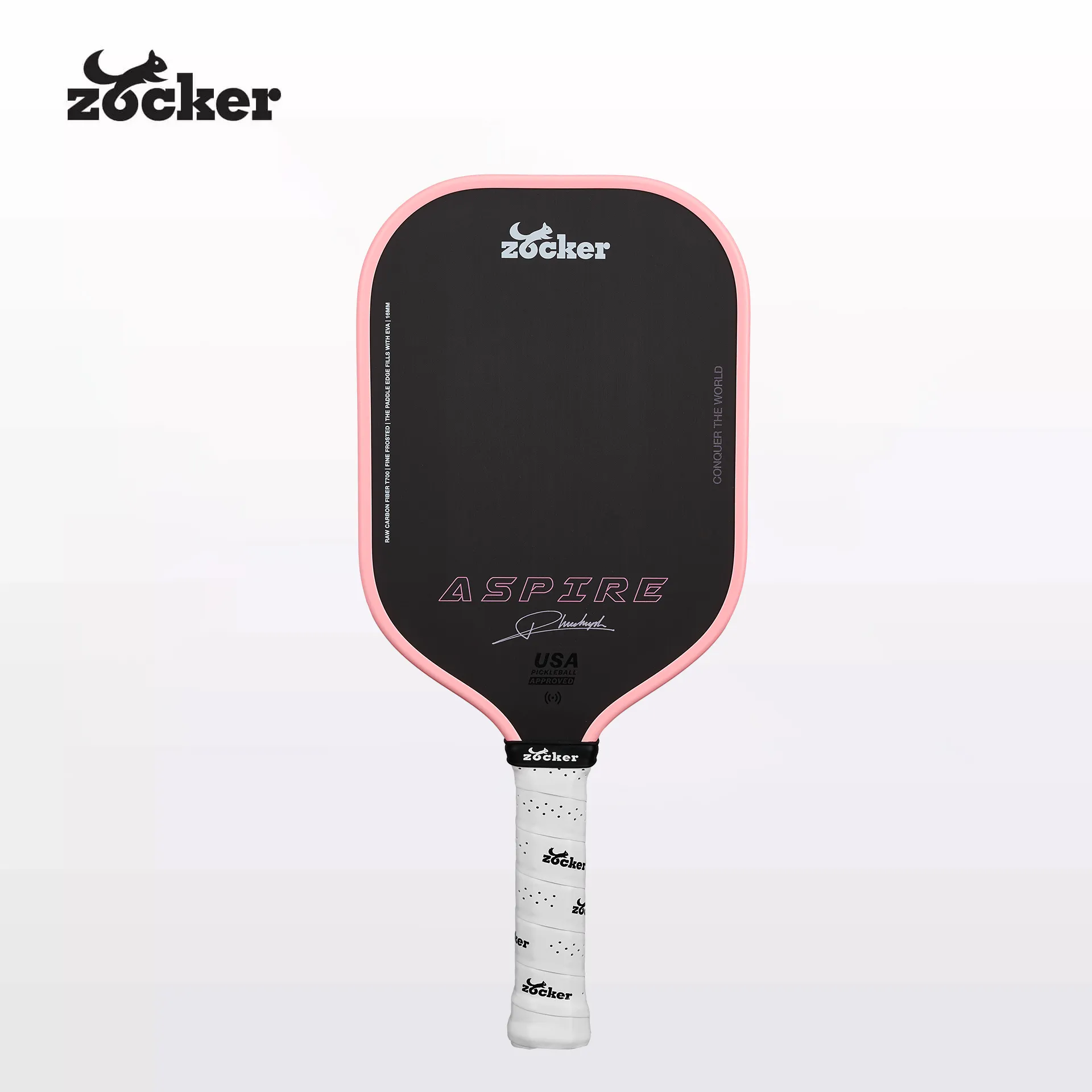 Vợt Pickleball Zocker Aspire x Phúc Huỳnh 16mm Pink Edition, mặt carbon T700 đen, viền hồng và tay cầm trắng.