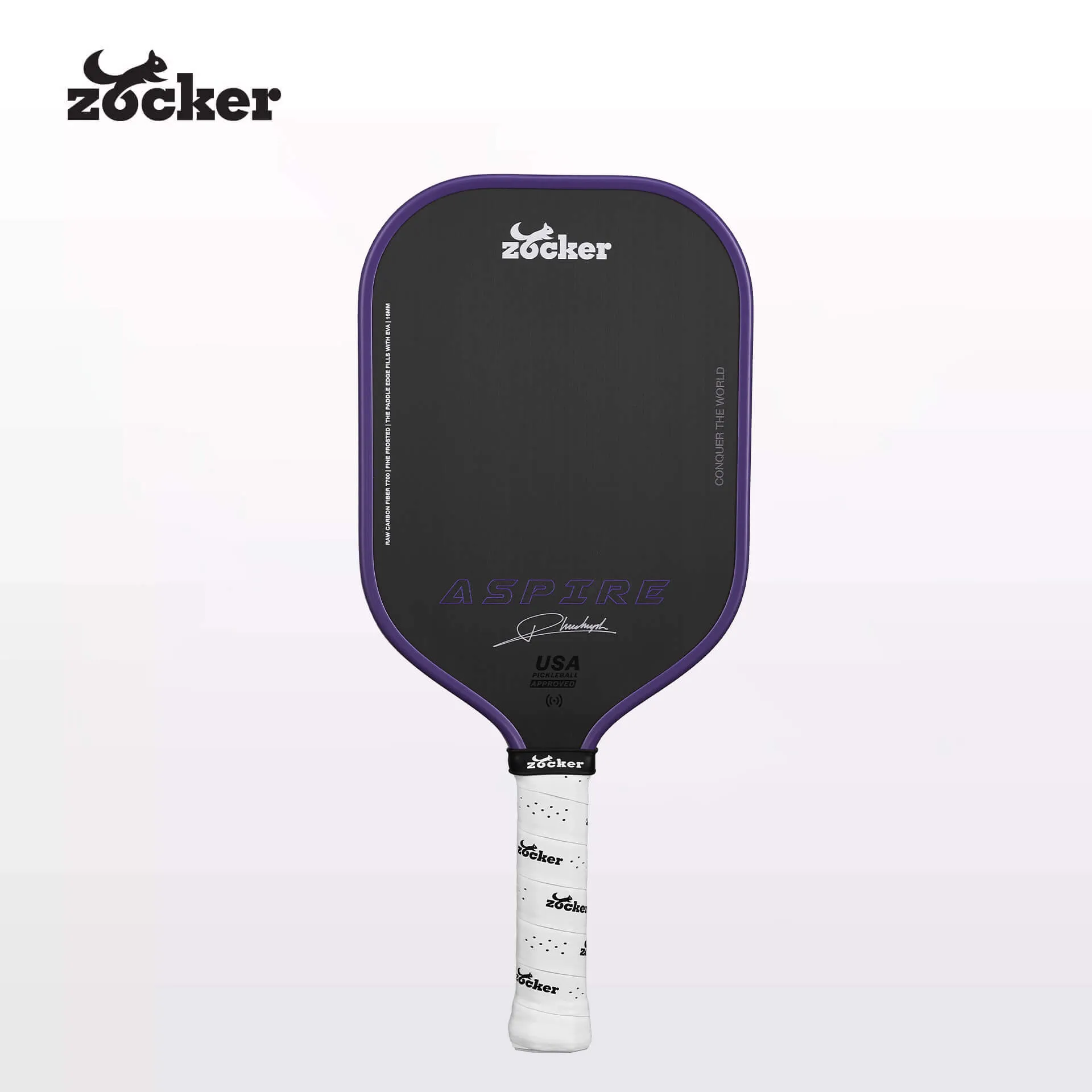 Vợt Pickleball Zocker Aspire x Phúc Huỳnh 16mm Purple Edition, mặt carbon T700 đen, viền tím và cán trắng.