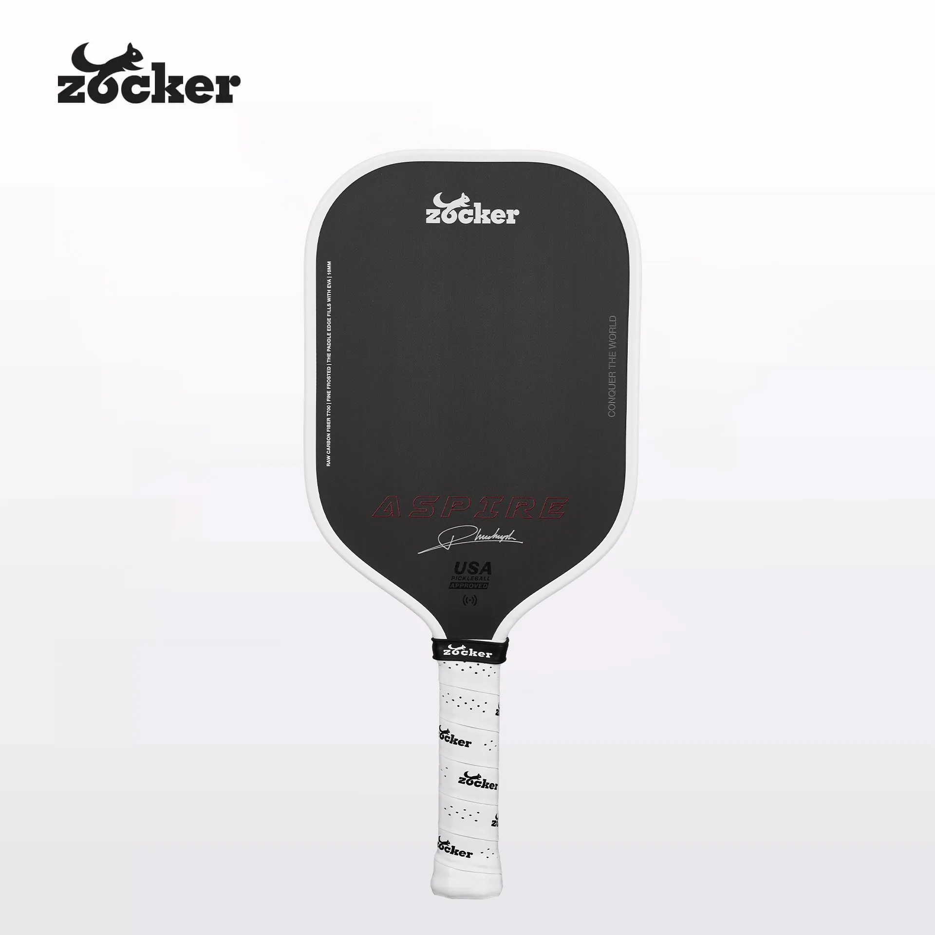 Vợt Pickleball Zocker Aspire x Phúc Huỳnh 16mm màu trắng White Edition, mặt carbon T700 đen, viền trắng.