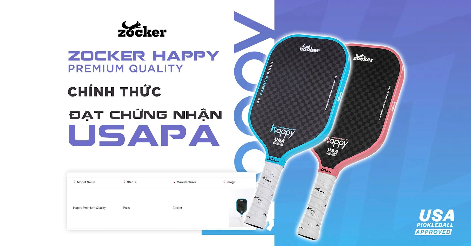 Hình ảnh chứng nhận USA Pickleball Approved của vợt Zocker Happy HP3 Premium Quality.