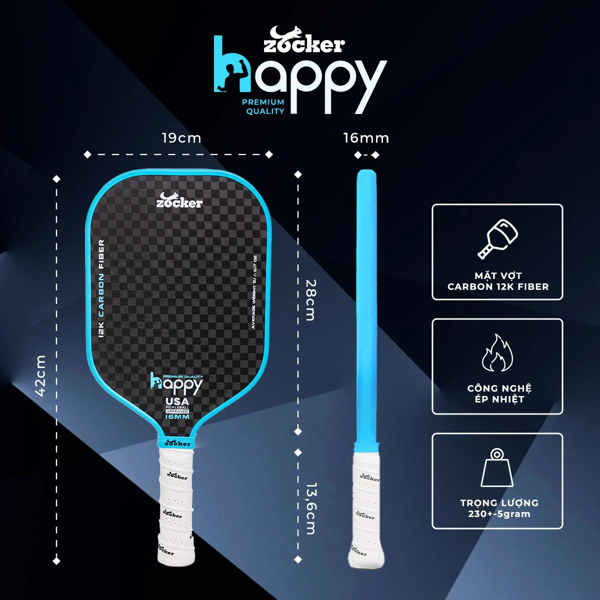 Hình ảnh thông số kích thước vợt pickleball Zocker Happy HP3 Premium Quality, dài 42 cm, rộng 19 cm và cán dài 13,6 cm.