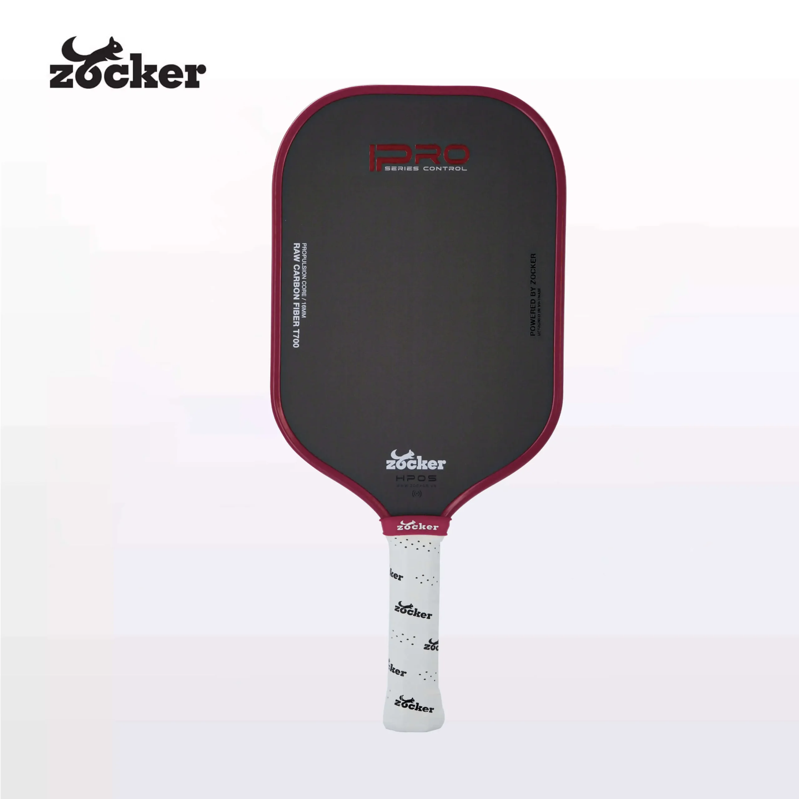 Vợt pickleball Zocker HP05 16mm màu đỏ, mặt carbon đen, viền đỏ và cán trắng.
