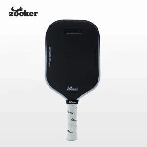 Vợt pickleball Zocker HP05 16mm phối trắng tím, mặt carbon đen và cán quấn trắng.