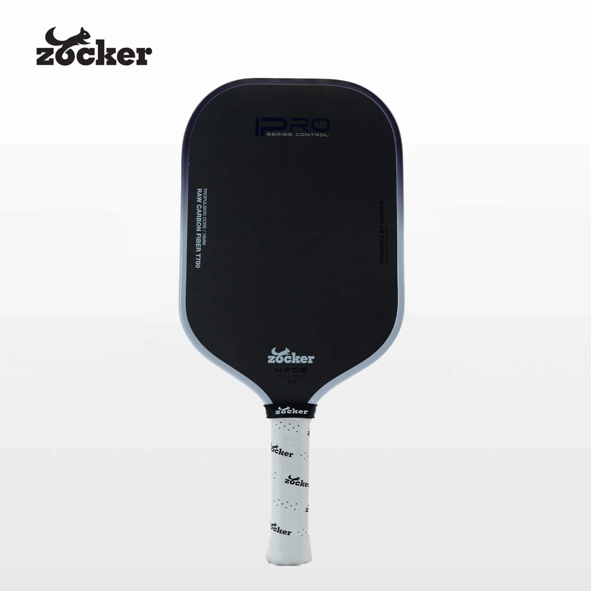Vợt pickleball Zocker HP05 16mm phối trắng tím, mặt carbon đen và cán quấn trắng.