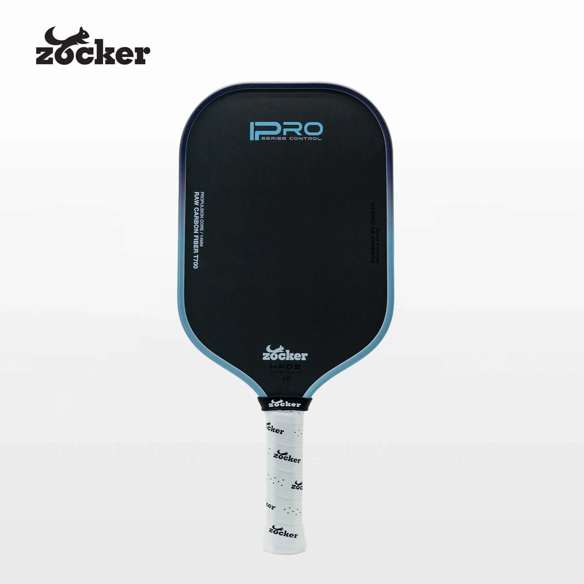 Vợt pickleball Zocker HP05 16mm phối xanh tím, mặt carbon đen và cán quấn trắng.