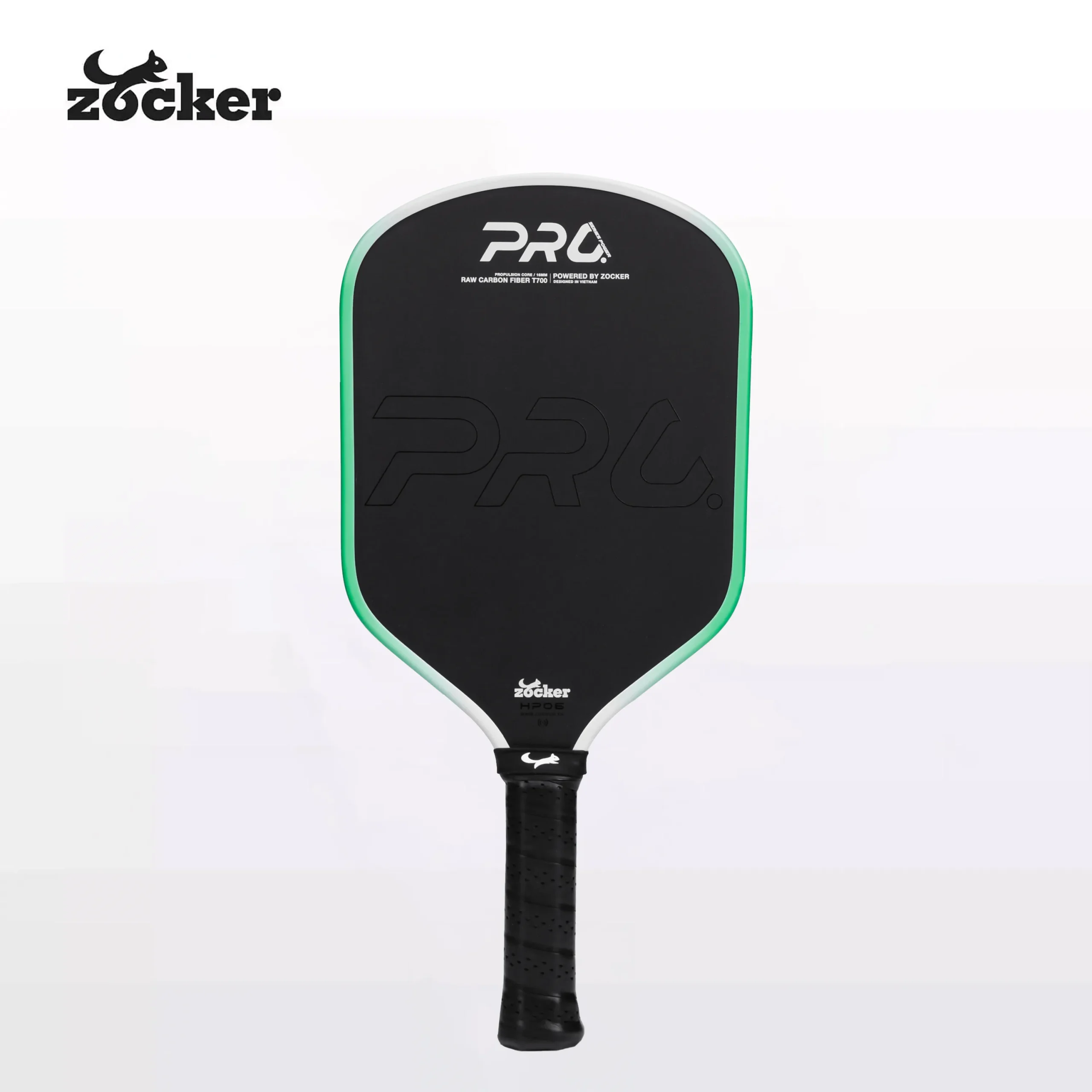 Vợt pickleball Zocker HP06 màu xanh ngọc, mặt carbon đen, viền xanh ngọc và dáng bán thuôn dài.